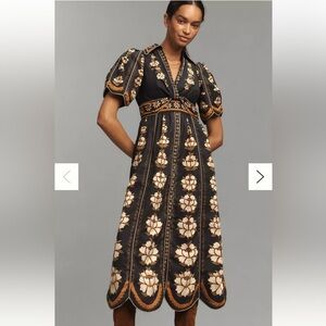 NWT Anthropologie FARM Rio Black Embroidered Flowers Floral Midi Shirt Dress M